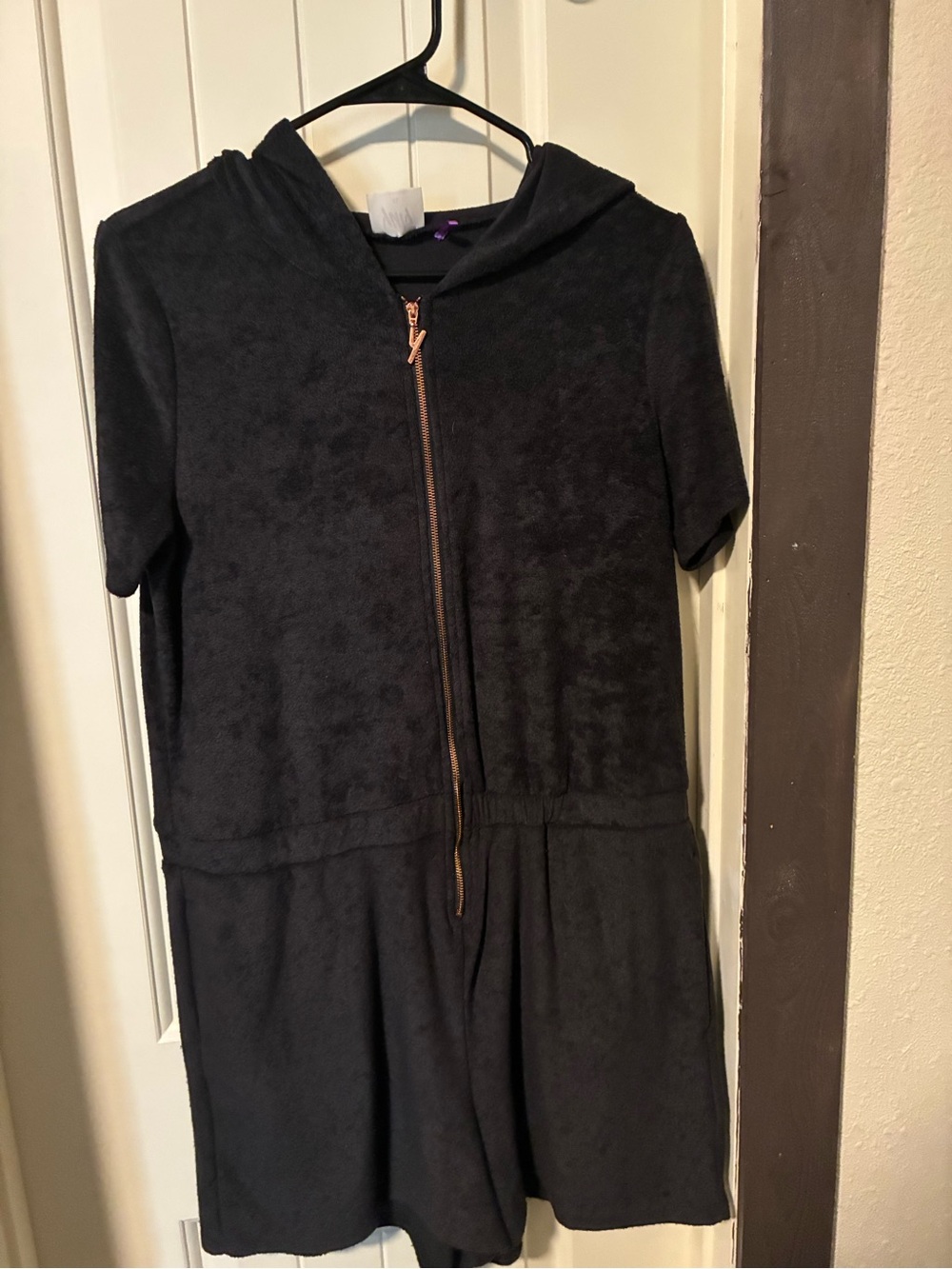 YITTY Black Short-Sleeve Hooded Romper with Front Zipper